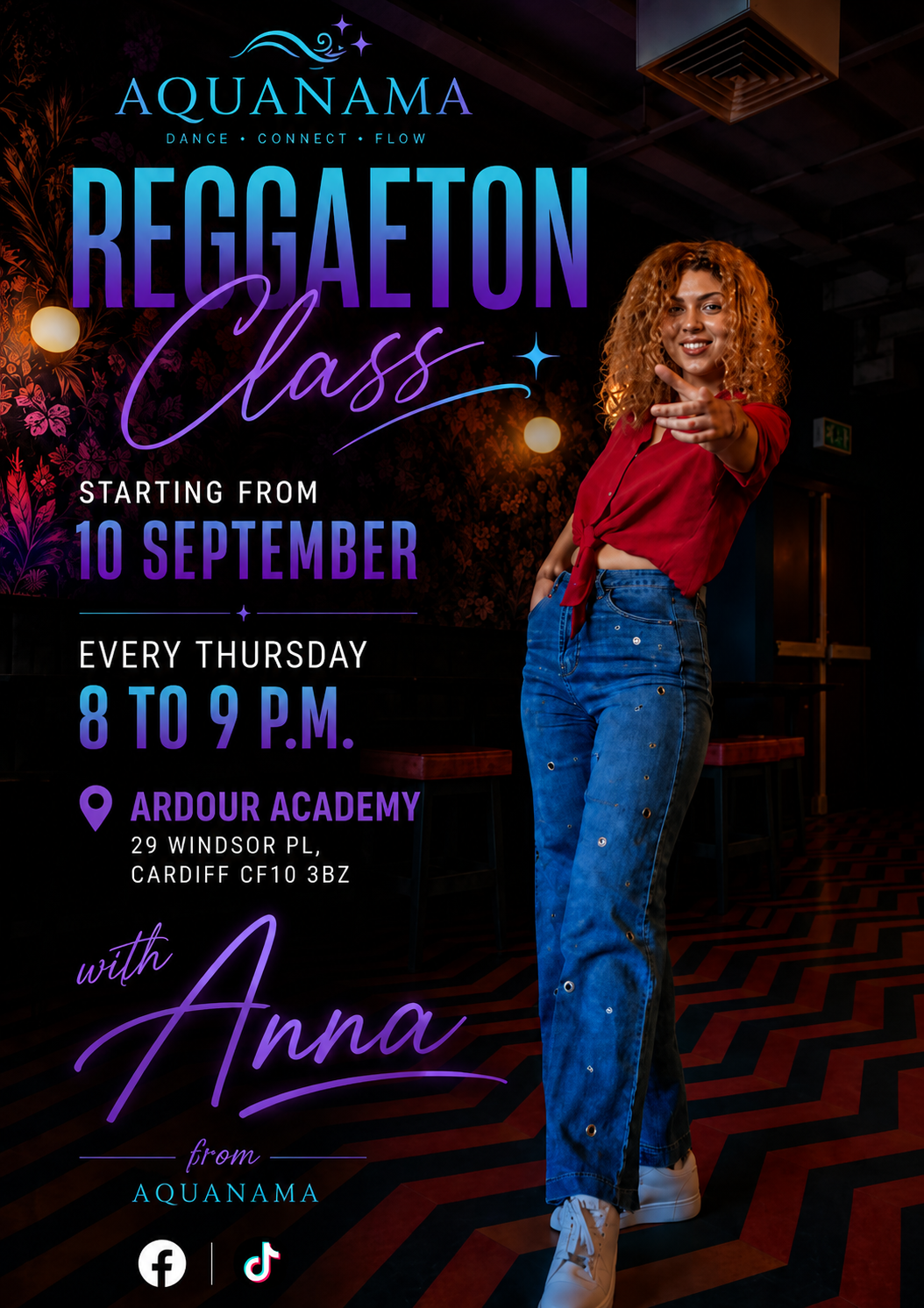 Aquanama Reggaeton class poster — every Thursday 8 to 9 PM from 10 September at Ardour Academy, 29 Windsor Pl, Cardiff, with Anna